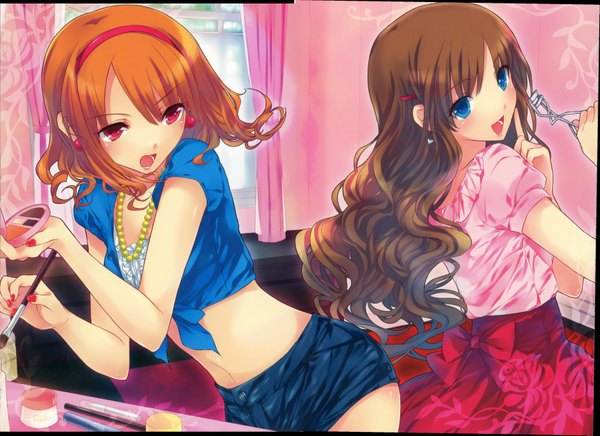Anime picture 3458x2513 with long hair highres short hair open mouth blue eyes red eyes brown hair multiple girls absurdres looking back orange hair girl navel 2 girls hairband jewelry