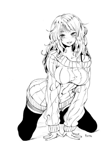 Anime picture 717x1012 with original batta (kanzume quality) single long hair tall image looking at viewer blush fringe breasts open mouth large breasts standing bare shoulders signed ahoge bent knee (knees) kneeling monochrome girl thighhighs