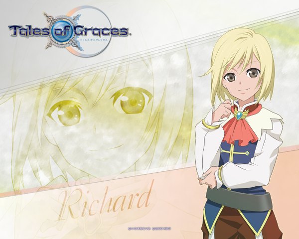 Anime picture 1280x1024 with tales of graces richard (tales) single looking at viewer short hair blonde hair yellow eyes light smile inscription child (children)
