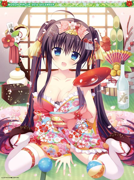 Anime picture 1920x2576 with original tanoma suzume single tall image looking at viewer blush highres open mouth blue eyes light erotic black hair twintails cleavage very long hair traditional clothes japanese clothes scan girl thighhighs flower (flowers)