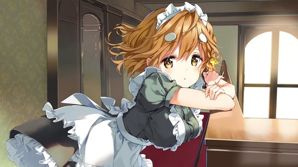 Anime picture 1920x1080 with masamune-kun no revenge silver link koiwai yoshino tiv single looking at viewer blush fringe highres short hair breasts hair between eyes brown hair wide image large breasts brown eyes indoors :o short sleeves maid