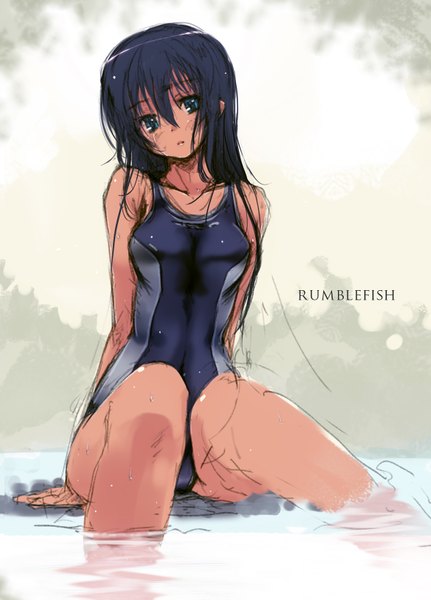 Anime picture 1176x1638 with original refeia long hair tall image light erotic sitting blue hair aqua eyes legs tears girl swimsuit water