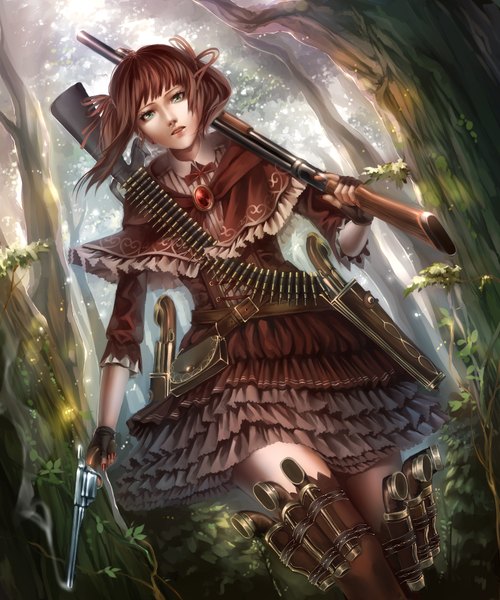 Anime picture 1000x1200 with original ryota (ry o ta) single tall image short hair blue eyes brown hair twintails short twintails girl thighhighs dress gloves weapon black thighhighs plant (plants) tree (trees) fingerless gloves gun