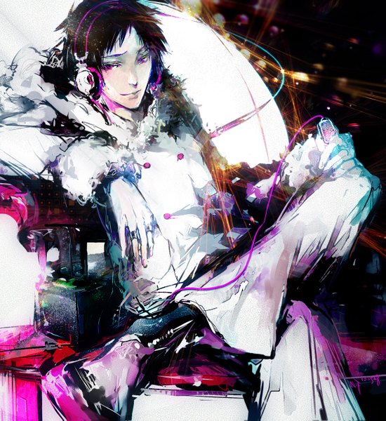 Anime picture 1170x1277 with durarara!! brains base (studio) psychedelic dreams orihara izaya nekoif single tall image looking at viewer short hair black hair sitting pink eyes alternate costume crossed legs boy headphones fur hood ring coat