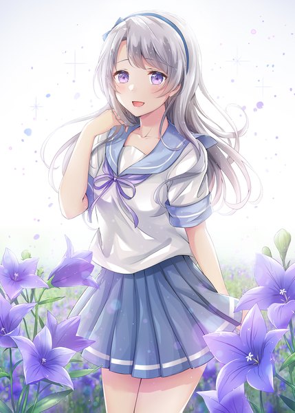 Anime picture 1200x1679 with kantai collection sagiri (kantai collection) nanashiki fuuka single long hair tall image looking at viewer blush fringe open mouth white background purple eyes silver hair :d lens flare arm behind back girl uniform flower (flowers) bow