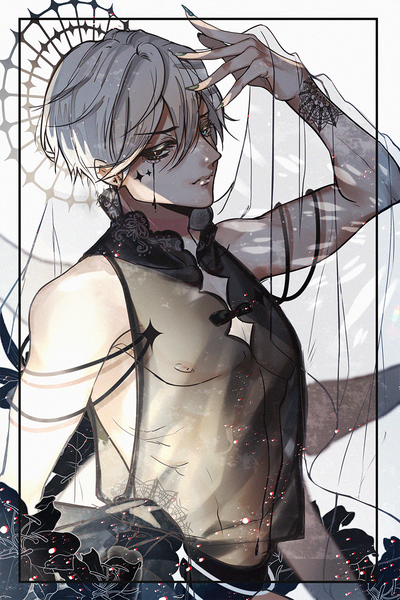 イラスト 800x1200 と オリジナル airimiu ソロ 長身像 短い髪 乳首 upper body nail polish aqua eyes fingernails grey hair black eyes オッドアイ long fingernails face paint 男性 花 透明の服 ジレー 肩掛け