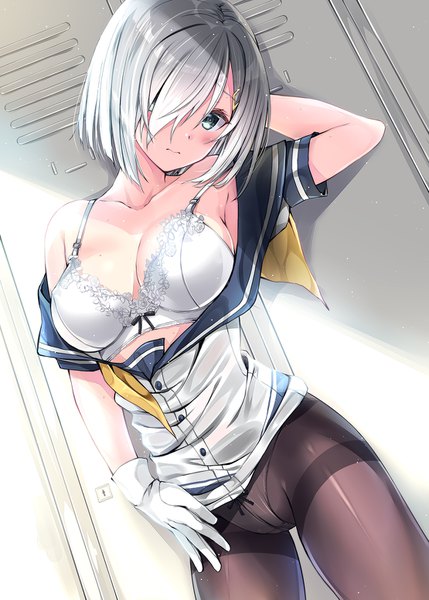 Anime picture 1110x1553 with kantai collection hamakaze destroyer kobayashi chisato single tall image looking at viewer blush fringe short hair breasts blue eyes light erotic standing cleavage silver hair hair over one eye open clothes dutch angle arm behind head sailor collar