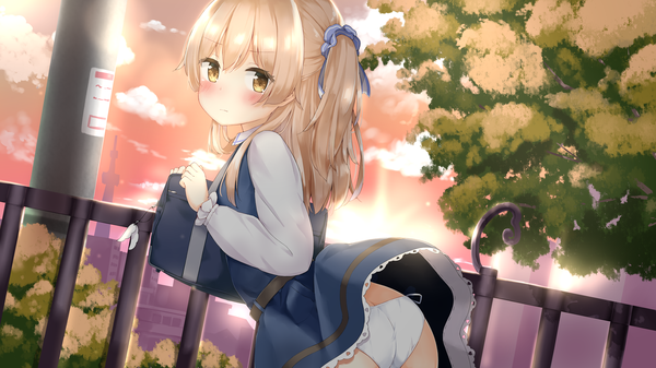 Anime picture 5000x2813 with original hanabe (airutu0830 1) single long hair looking at viewer blush fringe highres light erotic blonde hair hair between eyes wide image yellow eyes absurdres cloud (clouds) outdoors ass loli leaning dutch angle