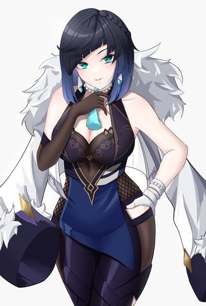 Anime picture 3104x4600 with genshin impact yelan (genshin impact) bakemonsou single tall image looking at viewer highres short hair breasts light erotic black hair simple background large breasts white background absurdres cleavage aqua eyes hand on hip girl gloves