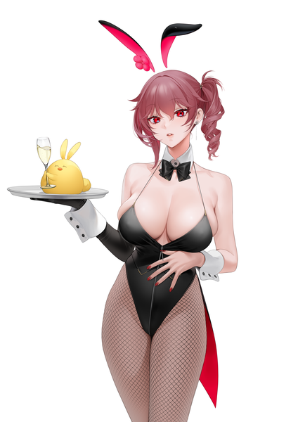 Anime picture 2026x2865 with azur lane manjuu (azur lane) duca degli abruzzi (azur lane) ohisashiburi single tall image looking at viewer fringe highres breasts light erotic simple background red eyes brown hair large breasts white background bare shoulders holding animal ears cleavage