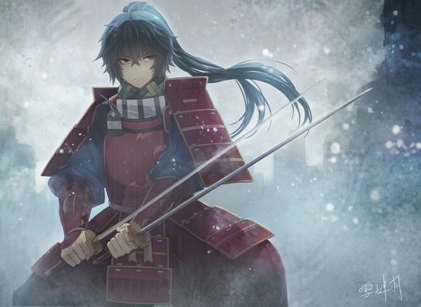 Anime picture 910x665 with log horizon angel31424 single long hair fringe black hair standing signed looking away ponytail traditional clothes japanese clothes black eyes fighting stance boy weapon sword armor katana spaulder (spaulders)