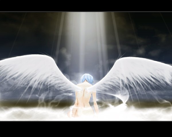 Anime picture 1280x1024 with neon genesis evangelion gainax ayanami rei single short hair light erotic blue hair sky outdoors nude from behind sunlight back letterboxed sunbeam white wings girl wings