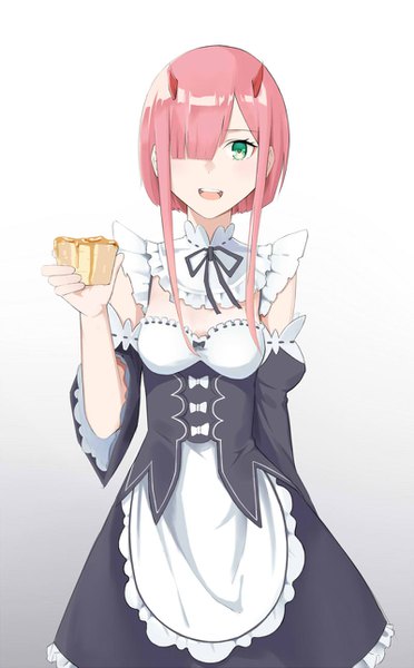 Anime picture 800x1289 with re:zero kara hajimeru isekai seikatsu darling in the franxx white fox studio trigger ram (re:zero) zero two (darling in the franxx) paesepe single tall image looking at viewer blush fringe short hair breasts open mouth simple background smile standing holding green eyes