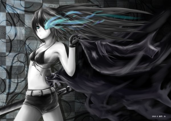 Anime picture 1366x966 with black rock shooter black rock shooter (character) single long hair blue eyes black hair glowing monochrome glowing eye (eyes) checkered background girl gloves swimsuit sword shorts bikini top