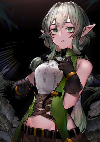 Anime picture 2480x3507 with goblin slayer! high elf archer (goblin slayer!) neonbeat single long hair tall image looking at viewer blush fringe highres breasts hair between eyes large breasts standing bare shoulders green eyes signed payot outdoors parted lips