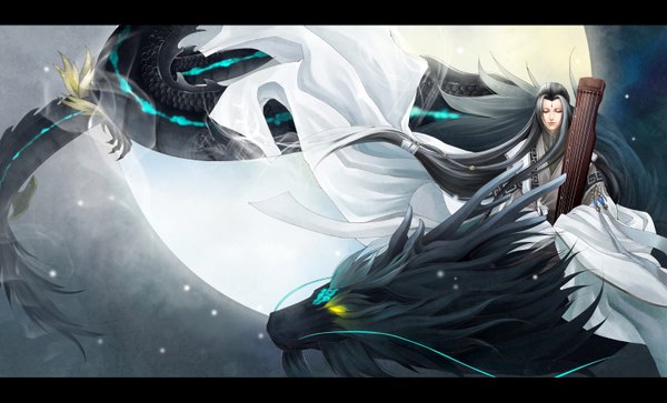 Anime picture 1500x909 with hazhangzhong long hair wide image yellow eyes eyes closed traditional clothes glowing chinese clothes glowing eye (eyes) flying face paint music musician boy moon full moon dragon claws guqin