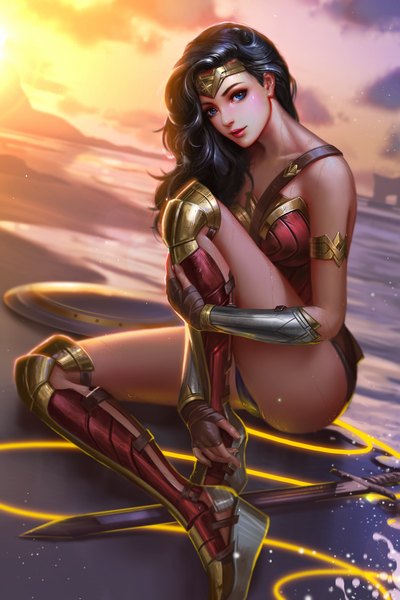 Anime picture 5000x7500 with dc comics wonder woman liang xing single long hair tall image looking at viewer highres blue eyes light erotic black hair sitting absurdres sky cloud (clouds) full body bent knee (knees) outdoors realistic wet