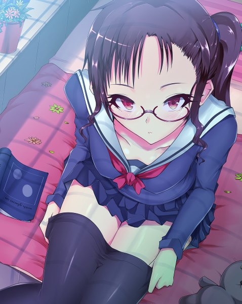 Anime picture 1000x1255 with original kasai shin single long hair tall image blush black hair red eyes sitting girl uniform school uniform pantyhose glasses serafuku book (books)