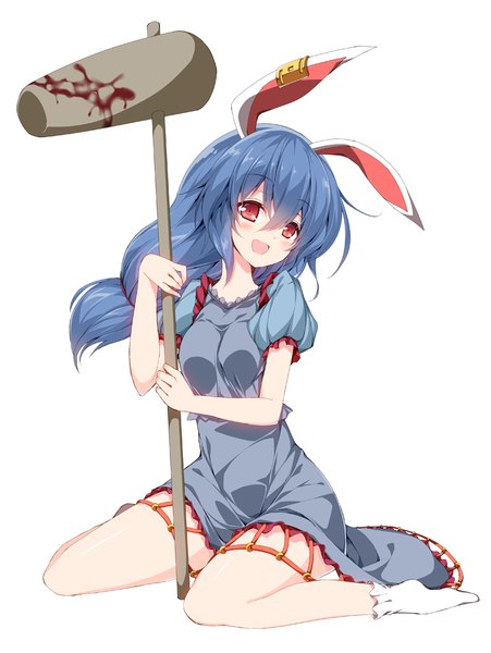 Anime picture 789x1050 with touhou seiran (touhou) sakurame single long hair tall image fringe open mouth simple background hair between eyes red eyes white background sitting animal ears blue hair full body bunny ears no shoes puffy sleeves wariza