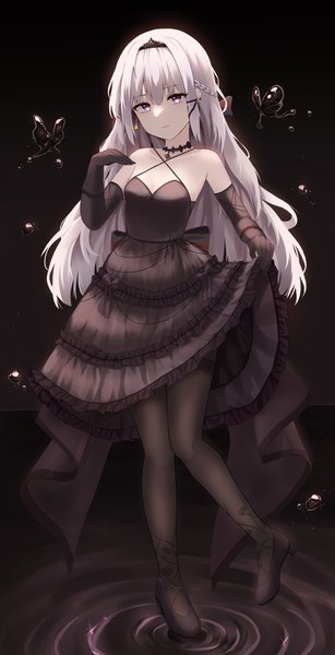 Anime picture 2937x5742 with original hamu (pixiv46045709) single long hair tall image looking at viewer fringe highres hair between eyes standing bare shoulders silver hair full body braid (braids) pink eyes high heels frilled dress ripples dress pull girl