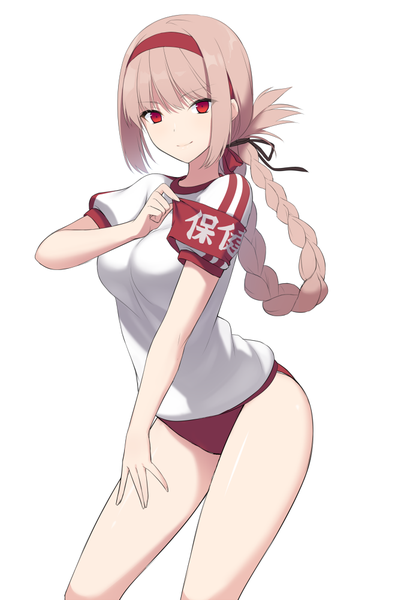 Anime picture 664x1000 with fate (series) fate/grand order florence nightingale (fate) mashima (sumachi) single long hair tall image looking at viewer fringe light erotic simple background red eyes white background payot pink hair braid (braids) single braid hair rings girl uniform