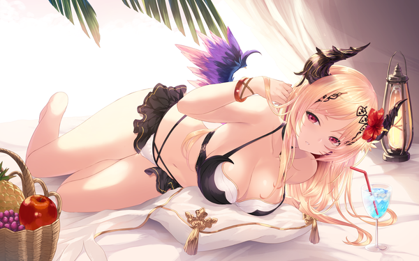 Anime picture 6236x3898 with shingeki no bahamut dark angel olivia cait single long hair looking at viewer fringe highres breasts light erotic blonde hair red eyes absurdres cleavage lying parted lips barefoot hair flower horn (horns) bare legs