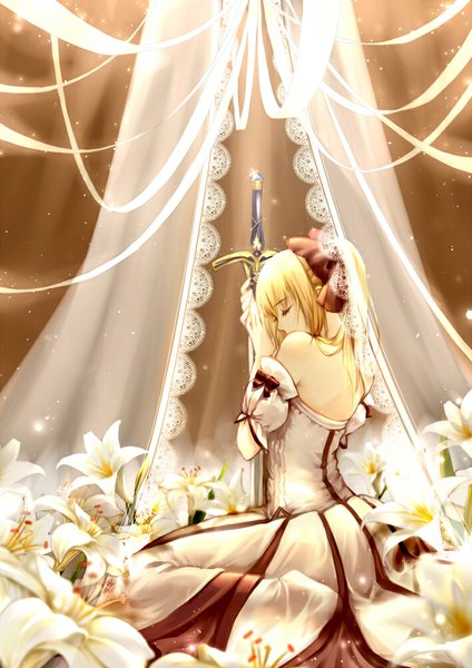 Anime picture 707x1000 with fate (series) fate/unlimited codes type-moon artoria pendragon (all) saber lily clouble single long hair tall image blonde hair sitting bare shoulders bent knee (knees) eyes closed from behind back girl gloves flower (flowers) ribbon (ribbons)