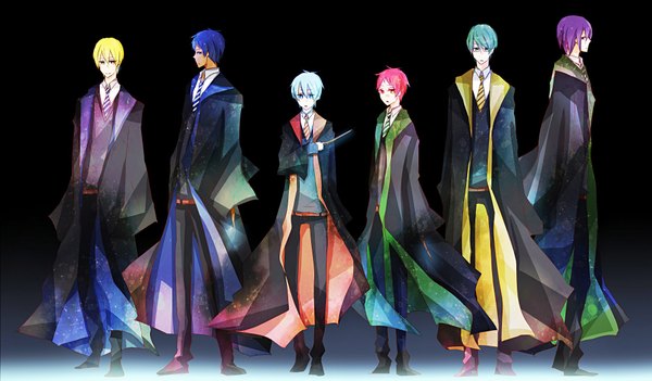 Anime picture 2000x1170 with kuroko no basket harry potter production i.g kuroko tetsuya kise ryouta aomine daiki akashi seijuurou midorima shintarou murasakibara atsushi iteza1221 looking at viewer fringe highres short hair open mouth blue eyes blonde hair smile wide image standing