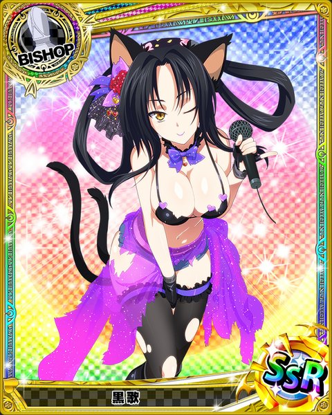 Anime picture 640x800 with highschool dxd kuroka (high school dxd) single long hair tall image looking at viewer breasts light erotic black hair smile large breasts animal ears yellow eyes cleavage tail animal tail one eye closed wink cat ears cat girl