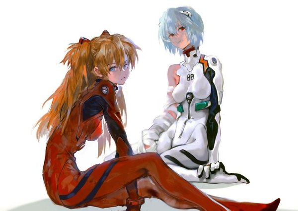 Anime picture 1000x710 with neon genesis evangelion gainax soryu asuka langley ayanami rei shikinami asuka langley woodendolphin long hair looking at viewer short hair blue eyes simple background red eyes white background sitting twintails multiple girls orange hair aqua hair girl 2 girls