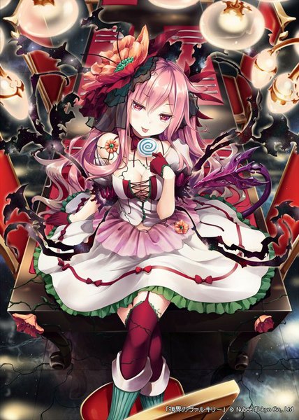 Anime picture 571x800 with shinkai no valkyrie akkijin akiba single long hair tall image looking at viewer fringe breasts sitting pink hair cleavage pink eyes hair flower from above crossed legs girl thighhighs dress gloves