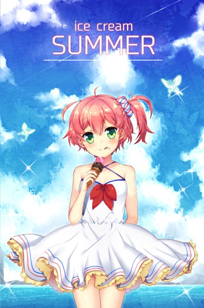 Anime picture 1147x1727 with original kirasaki single tall image looking at viewer blush fringe short hair smile hair between eyes bare shoulders green eyes pink hair sky cloud (clouds) ahoge inscription one side up text english