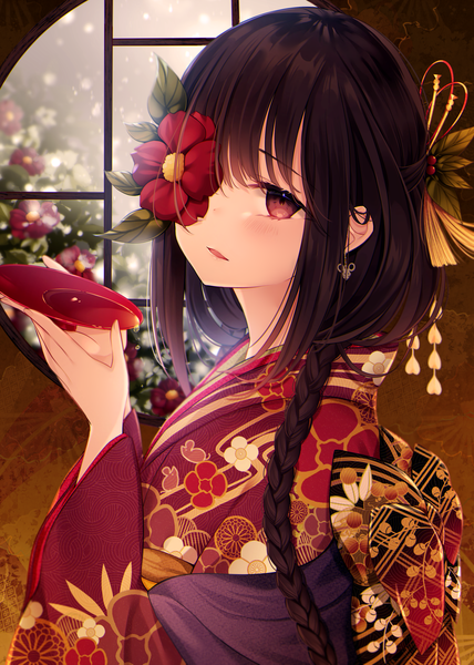 Anime picture 2976x4175 with original kuro namako single long hair tall image looking at viewer blush fringe highres open mouth black hair red eyes standing holding payot blunt bangs braid (braids) traditional clothes head tilt japanese clothes