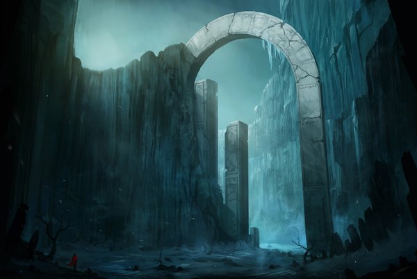 Anime picture 1400x939 with original blinck (artist) from behind night snow mountain landscape scenic cloak arch obelisk
