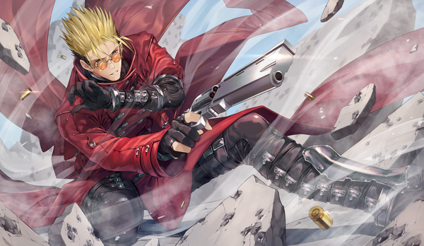 Anime picture 2298x1334 with trigun vash the stampede greenkohgen single highres short hair blonde hair wide image looking away spiked hair boy gloves weapon black gloves gun cloak sunglasses pistol shell casing