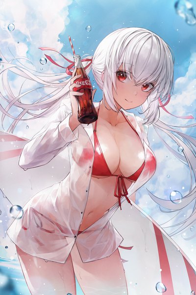Anime-Bild 3000x4500 mit original coca-cola crystalherb single long hair tall image looking at viewer blush fringe highres breasts light erotic smile hair between eyes red eyes large breasts standing twintails holding payot