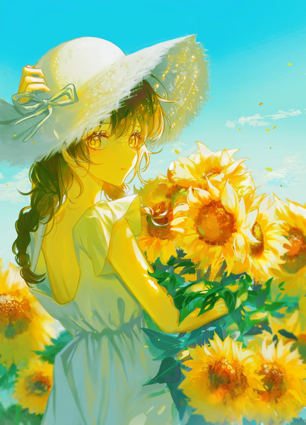 Anime picture 1479x2048 with original lium single long hair tall image looking at viewer fringe hair between eyes brown hair standing yellow eyes sky outdoors looking back summer girl dress flower (flowers) hat white dress