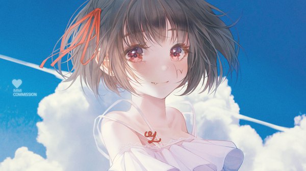 Anime picture 3000x1688 with original immi immi single looking at viewer fringe highres short hair black hair red eyes wide image bare shoulders signed sky cloud (clouds) upper body blunt bangs fang (fangs) girl ribbon (ribbons) hair ribbon