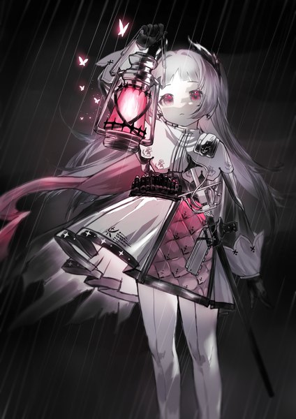 Anime picture 1051x1486 with arknights irene (arknights) yueying su meng ling single long hair tall image looking away silver hair pink eyes arm up horn (horns) rain sheathed girl gloves weapon sword black gloves insect butterfly