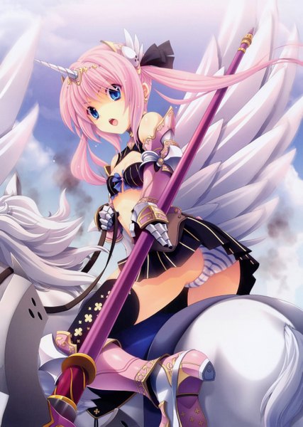 Anime picture 4207x5910 with original miyama zero long hair tall image highres open mouth blue eyes light erotic pink hair absurdres horn (horns) scan girl thighhighs underwear panties weapon black thighhighs miniskirt wings