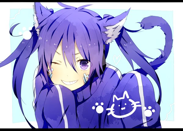 Anime picture 1004x719 with kagerou project shaft (studio) ene (kagerou project) akirannu single long hair looking at viewer fringe simple background smile hair between eyes purple eyes animal ears purple hair ahoge tail animal tail one eye closed wink cat ears