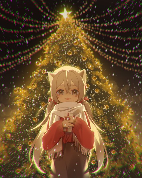 Anime picture 1400x1750 with original xanxus0816 single long hair tall image looking at viewer fringe smile hair between eyes standing twintails brown eyes animal ears outdoors grey hair low twintails christmas girl scarf gift