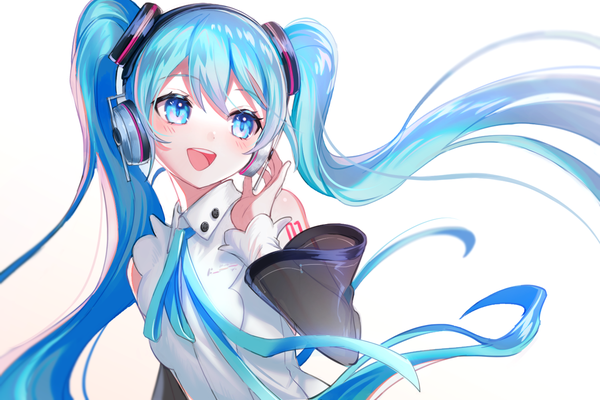 Anime picture 1500x1000 with vocaloid hatsune miku hatsune miku (nt) letta illust single long hair blush open mouth blue eyes simple background white background twintails blue hair looking away upper body :d girl detached sleeves headphones