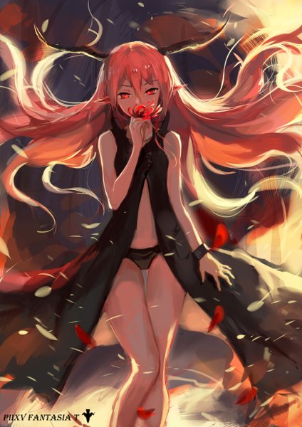 Anime picture 3507x4960 with original pixiv fantasia pixiv fantasia t sishenfan single long hair tall image looking at viewer highres light erotic red eyes holding pink hair absurdres horn (horns) wind pointy ears bare legs logo sniffing