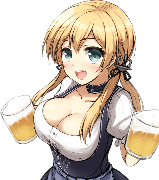 Anime picture 722x819 with kantai collection prinz eugen (kantai collection) don (29219) single long hair tall image blush breasts open mouth light erotic blonde hair large breasts twintails cleavage traditional clothes aqua eyes alternate costume puffy sleeves low twintails transparent background