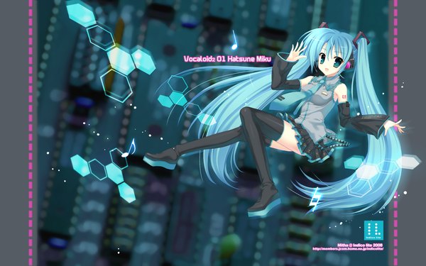 Anime picture 1680x1050 with vocaloid hatsune miku mitha long hair open mouth wide image twintails pleated skirt aqua eyes aqua hair inscription girl skirt detached sleeves necktie headphones thigh boots musical note indico lite il vol6