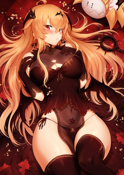 Anime picture 1447x2046 with black rock shooter chariot (black rock shooter) mdastarou single long hair tall image looking at viewer blush fringe breasts light erotic blonde hair hair between eyes red eyes large breasts bare shoulders cleavage ahoge lying from above
