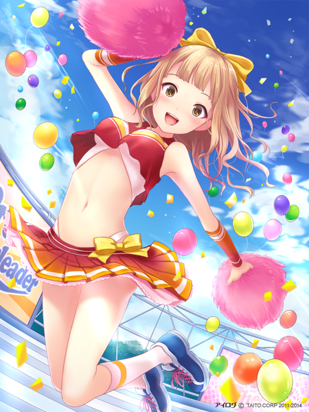Anime picture 640x853 with ilog ichinomiya ichigo occhan single tall image looking at viewer fringe short hair open mouth light erotic blonde hair bare shoulders sky cloud (clouds) bent knee (knees) pleated skirt sunlight bare belly skirt lift jumping