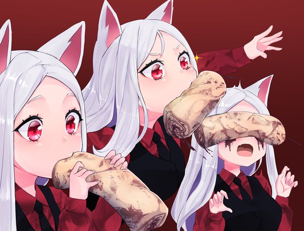 Anime picture 4160x3160 with helltaker cerberus (helltaker) minggoo long hair blush highres open mouth simple background red eyes multiple girls holding animal ears looking away absurdres silver hair upper body sparkle fang (fangs) mouth hold eating