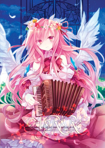 Anime picture 1036x1450 with original ibara riato single long hair tall image red eyes pink hair night girl dress flower (flowers) ribbon (ribbons) wings feather (feathers) musical instrument crystal wreath accordion